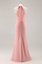 Blush Neckholder Meerjungfrau Chiffon Langes Brautjungfernkleid mit Schleife
